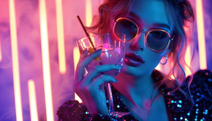 Beautiful young girl in fashionable clothes at a neon party. Trendy banner for a nightclub.