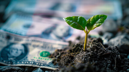 A powerful visual metaphor of a green plant growing from soil with US dollar bills, illustrating the concept of financial growth and investment - Powered by Adobe
