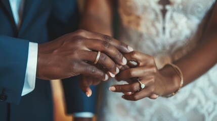 Close-up of a couple's hands exchanging wedding rings.