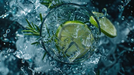 Unkempt beauty of a Gin and Tonic, lime and rosemary adrift in ice, served in a clear glass, essence of alcoholism