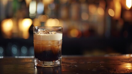 The gritty charm of a dimly lit bar, an Irish Car Bomb cocktail in a clear glass captures the essence of spontaneous nights