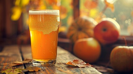 The casual elegance of a rough-around-the-edges glass of cider, capturing autumn's crispness and abundance - obrazy, fototapety, plakaty
