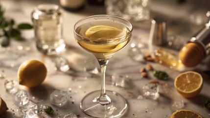 The casual elegance of a clear glass filled with Pastis, set on an untidy surface, encircled by various tempting flavors - obrazy, fototapety, plakaty