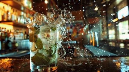The artful mess of a mojito in the making, clear glass showcasing the chaos within, set in a contemporary bar - obrazy, fototapety, plakaty
