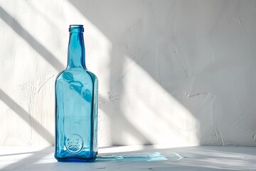 A sleek blue glass bottle with luminescence shining over a white room backdrop, exquisite for packaging elegant look and space, Generative AI.