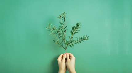 A person's hands holding a branch with fresh green leaves upward on a solid green background, symbolizing growth - Powered by Adobe