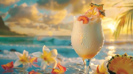 Lush pina colada in a clear, water-droplet adorned glass, mixed fruit atop, with an exotic flower and beach view - obrazy, fototapety, plakaty