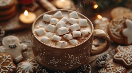 Fototapeta na wymiar Inviting close-up of a cozy hot chocolate mug, marshmallows bobbing, surrounded by holiday cookies and gingerbread