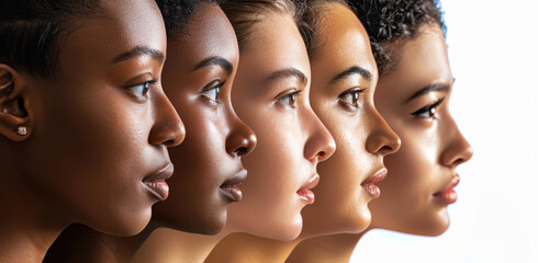 Side Profiles Five Women Different Ethnicities Unity in Diversity Multicultural  - obrazy, fototapety, plakaty