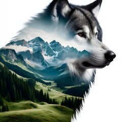 Overlay of a full body wolf and a beautiful mountain view inside a wolf.
