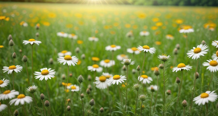 A field of daisies and grass, with a blurred background and a hint of sunlight shining on the scene.