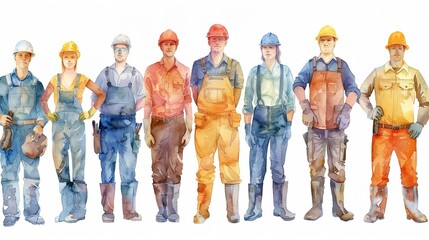 A variety of individuals of workers encompassing a range of professions stands over a white setting in this watercolor artwork and space, Generative AI.