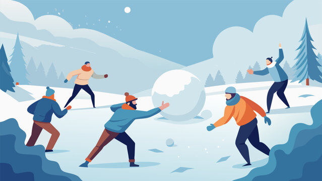 A fierce snowball fight erupts between a group of bundledup friends each trying to outsmart and outmaneuver the others in the midst of a