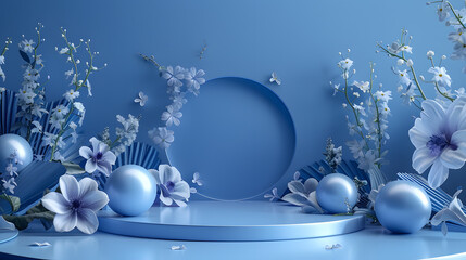 The round blue podium is decorated with flowers and a vibrant blue color. It sits on a matching blue background.
