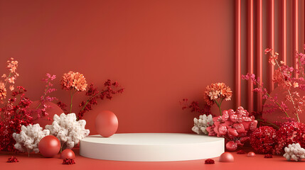 A white podium adorned with red and pink flowers and coral rests on a red background.
