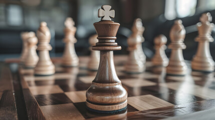 A classic chess king piece in gleaming metal, sits atop a black and white checkered chessboard.