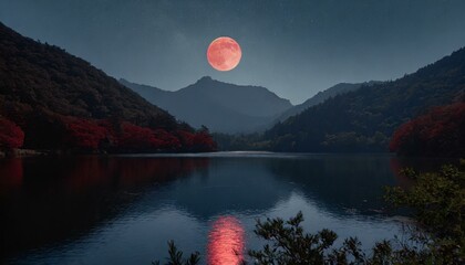 밤의 잔잔한 호수, 붉은 달빛, 눈으로 약간 은빛으로 빛나는 산봉우리 사이의 숲의 실루엣, 큰 붉은 달, 초현실적, 구름 한 점 없는 남색 하늘, 거의 검은 색 99