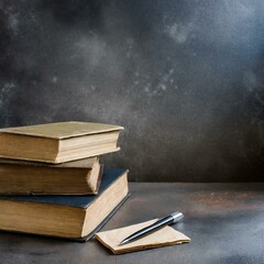 짙은 금속성 배경에 세 권의 오래된 책이 맨 왼쪽에 서 있습니다.바닥에는 편지지한장과 펜한자루 놓여있습니다. 텍스트를 위한 공간 남겨 두기 