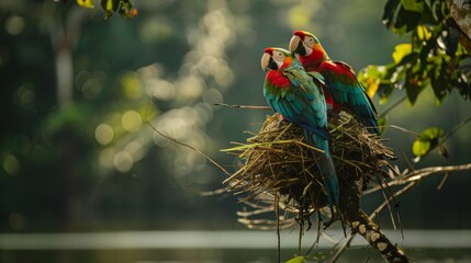 Two parrots perched nest tree