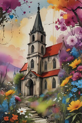 The image depicts a church with a red roof, set against a backdrop of colorful flowers and a tree. The flowers surrounding the church include a mix of purple, orange, and blue blossoms.  - obrazy, fototapety, plakaty