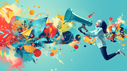 A person holding a megaphone jumps and floats with geometric graphics in a vibrant.