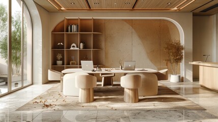 A dynamic team meeting highlighting collaboration and synergy with a neutral color palette