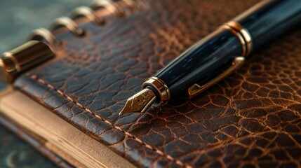 A high-quality close-up of a stylish pen resting on a luxurious leather notepad