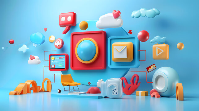 A bright blue 3D scene with a red armchair, colorful balloons, speech bubbles, and social media icons.