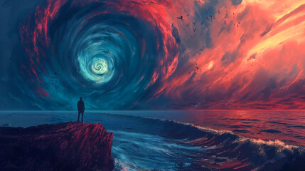 Illustration of Swirling vertex black hole sucking up everything on earth while man watching on cliff near ocean  - obrazy, fototapety, plakaty