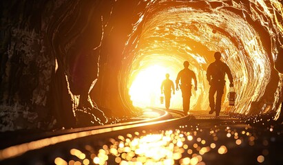 Mining workers come out into the light from the tunnel after a work shift. - obrazy, fototapety, plakaty