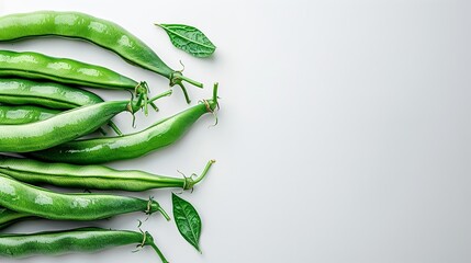 Notorious for their high nutritional content, green beans are structured in a row over a white setting and space, Generative AI. - obrazy, fototapety, plakaty