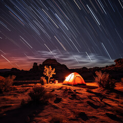 Fototapeta na wymiar Desert Dreamscapes: Star Trails Dance Above a Solitary Tent