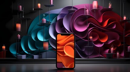 A sleek smartphone mockup with vibrant app screens displayed on a solid background
