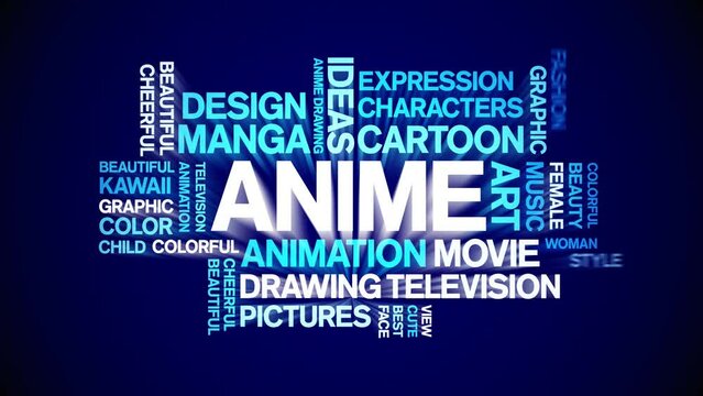 Anime animated word cloud;text design animation tag kinetic typography seamless loop.
