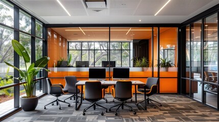 A sleek office setting capturing immaculate details and vibrant orange accents - obrazy, fototapety, plakaty