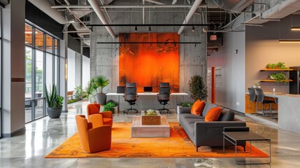 A stylish office interior with pops of vibrant orange accents for a bold and energetic vibe