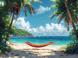 A hammock stretches lazily between two palm trees, its fabric softly cradling dreams of summer adventures, illustrated in 2D against a scene of peaceful, vibrant holiday bliss - obrazy, fototapety, plakaty