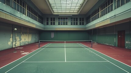 tennis court in a former sports club, indoor tennis court - obrazy, fototapety, plakaty
