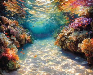 The shallow waters of a tidal pool, illuminating the vibrant hues of coral and the shimmering scales of tropical fish, a serene snapshot of natures diversity tucked away at the waters edge - obrazy, fototapety, plakaty