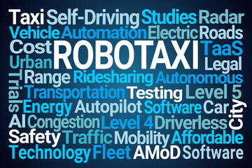 Robotaxi Word Cloud on Blue Background