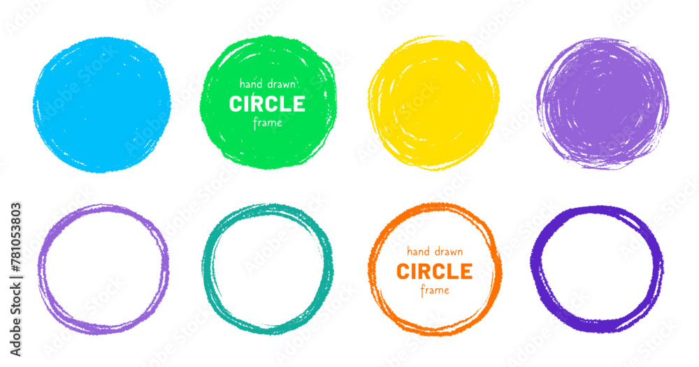Leinwandbilder scribble circle round vector frame. hand drawn rough scribble effect line. children color crayon bru