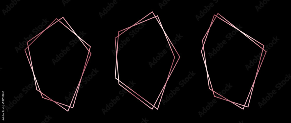 Poster rose gold thin frame set. pink gold foil geometric borders in art deco style. thin linear irregular 