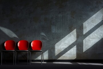 a row of identical chairs with a spotlight shining on a single red chair in the center - Powered by Adobe