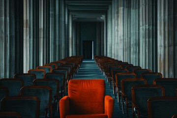 room filled with rows of grey chairs with a focus on a single orange chair in the foreground