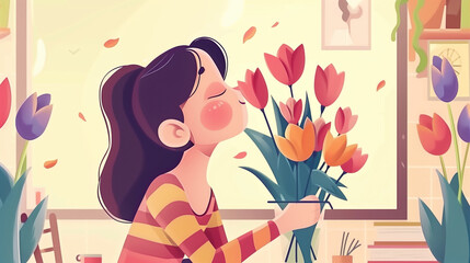 Tender Moment: Child Kisses Happy Mother, Presenting Tulip Bouquet in Celebration of Mother's Day at Home