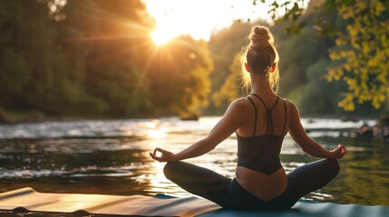 A woman doing a pigeon pose on a yoga mat by a tranquil river, releasing tension and promoting hip flexibility. - Powered by Adobe