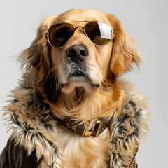 Shot of a stylish furry Golden Retriever in sunglasses and fashion trendy attire, on white background