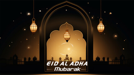 Vector Eid Al Adha mubarak greeting card with moon, lantern and stars