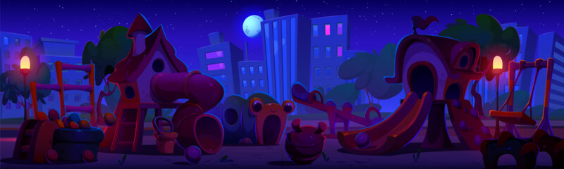 Playground in night city park. Vector cartoon illustration of dark town district with apartment buildings and lanterns, seesaw, swing and toys on ground, full moon glowing in starry midnight sky