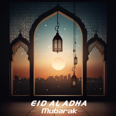 Vector Eid Al Adha mubarak greeting card with moon, lantern and stars - obrazy, fototapety, plakaty